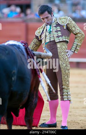 Sevilla, Spanien, 15. August 2008, Ein Matador steht vor einem Stier in der historischen Stierkampfarena von Sevilla und bereitet sich auf den bevorstehenden Stierkampf vor. Stockfoto