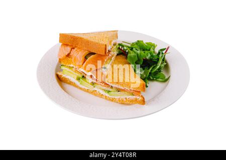 Köstliches geräuchertes Lachs-Sandwich mit cremigem Aufstrich und knusprigem, gemischtem Gemüse Stockfoto