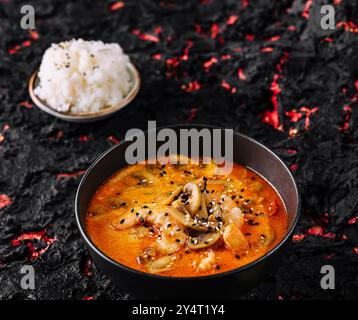 Lebendige Schüssel mit scharfer thai-Suppe mit Reis, garniert mit Samen und Limette, präsentiert auf einer dunklen, strukturierten Oberfläche Stockfoto