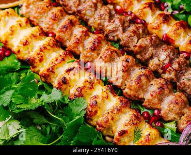 Lebendiges Gericht mit gewürzten Fleischspießen, serviert mit Zwiebeln, Kräutern, Nahaufnahme Stockfoto