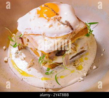 Elegante Präsentation eines Frühstückspakets mit perfekt gekochten, sonnigen Ei und Kräutern Stockfoto