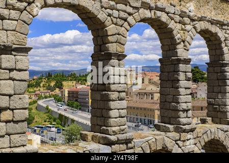 Aquädukt von Segovia, eines der am besten erhaltenen römischen Aquädukte, in Segovia, Spanien, Europa Stockfoto