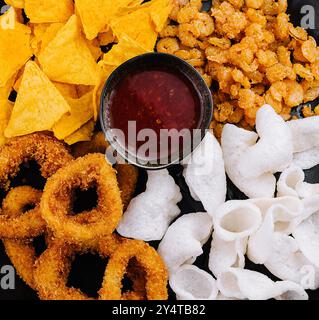 Blick von oben auf eine Auswahl an Snacks mit Pommes Frites, Zwiebelringen und Dip auf einem schwarzen Teller Stockfoto