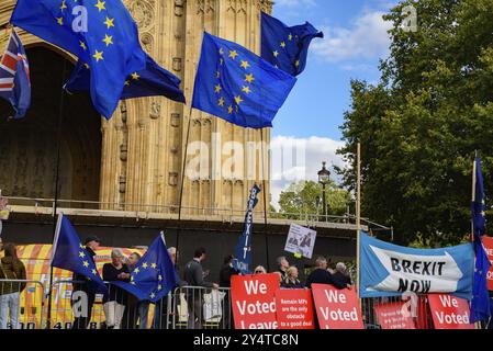 Menschen mit Schildern, Bannern und Fahnen, die gegen den Brexit ohne Deal protestieren, Boris Johnson, der britische Premierminister, und die britische Regierung im Parlament S Stockfoto