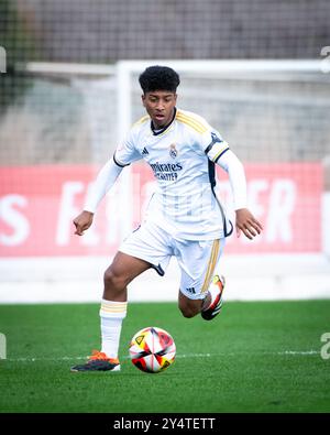 Madrid, Spanien. Februar 2024. Liga División de Honor Juvenil. Real Madrid gegen Sansebastián de los Reyes. Christian David während des Spiels Stockfoto