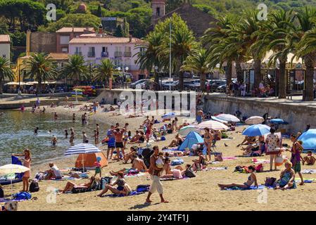 Leute, die im Sommer Spaß am Strand in Collioure, Frankreich, Europa haben Stockfoto