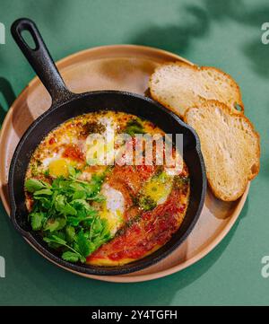 Traditionelle Shakshuka mit pochierten Eiern in Tomatensoße, serviert in gusseiserner Pfanne, begleitet von Brotscheiben Stockfoto