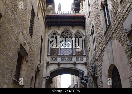 Bischofsbrücke (El Pont del Bisbe) im gotischen Viertel Barcelonas, Spanien, Europa Stockfoto