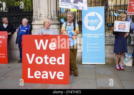 Menschen mit Schildern, Bannern und Fahnen, die gegen den Brexit ohne Deal protestieren, Boris Johnson, der britische Premierminister, und die britische Regierung im Parlament S Stockfoto