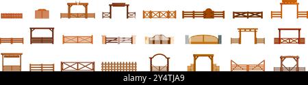 Ranch Gate Symbole gesetzt. Set aus verschiedenen Zäunen für Ranch oder Farm, die Holzbarrieren für ländliche Gebiete in verschiedenen Designs darstellen Stock Vektor