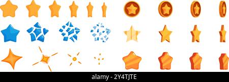 Sternanimation Sprite-Symbole gesetzt. Dieses Set aus Zeichentricksternen und -Münzen dreht sich, bricht und funkelt für Ihre Spielentwicklungsanforderungen Stock Vektor