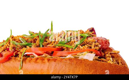 Leckerer Hot Dog mit verschiedenen Gewürzen, isoliert auf weißem Hintergrund Stockfoto