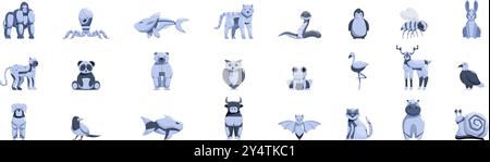 Symbole für mechanische Tiere gesetzt. Set von Robotertieren, die mit verschiedenen Gesten auf weißem Hintergrund posieren Stock Vektor