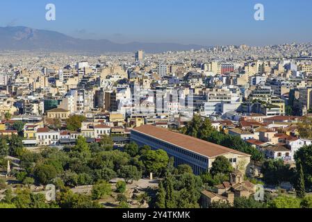 Luftaufnahme von Stoa von Attalos an der Agora von Athen in Athen, Griechenland, Europa Stockfoto