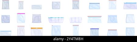 Symbole für Reißverschlusstaschen gesetzt. Set aus realistischen transparenten Plastikbeuteln mit Reißverschluss in verschiedenen Größen und Formen zur einfachen Aufbewahrung von Lebensmitteln und anderen Produkten Stock Vektor
