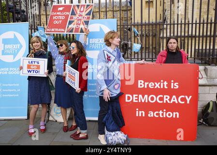 Menschen mit Schildern, Bannern und Fahnen, die gegen den Brexit ohne Deal protestieren, Boris Johnson, der britische Premierminister, und die britische Regierung im Parlament S Stockfoto