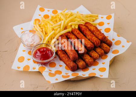 Panierte Mozzarella-Käsestäbchen und Pommes frites werden auf einem Holzteller mit Ketchup und Mayonnaise serviert Stockfoto