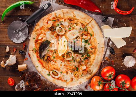 Meeresfrüchte-Pizza mit Garnelen, Muscheln, Zitronen und Kräutern, umgeben von frischen Zutaten auf Holztisch Stockfoto