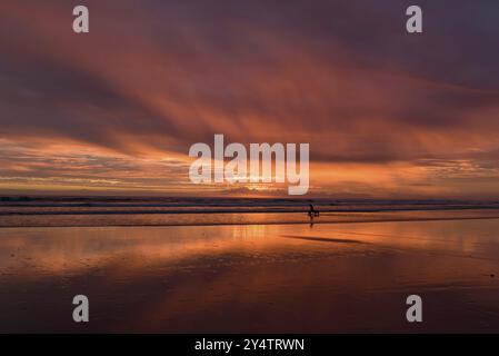 Muriwai Beach bei Sonnenuntergang mit bunten Wolken, Neuseeland, Ozeanien Stockfoto