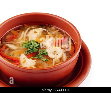 Die Tonschale ist gefüllt mit dampfender Hühnernudelsuppe, verziert mit frischer Petersilie Stockfoto