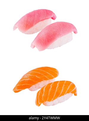 Vier köstliche Stücke Nigiri Sushi mit Thunfisch und Lachs auf einem sauberen weißen Hintergrund Stockfoto