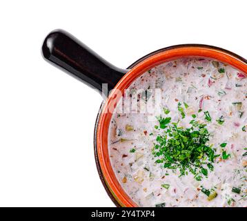 Okroschka ist eine erfrischende Suppe aus russland, die in der Regel kalt serviert wird und auf einer Basis von Sauerrahm, Kefir oder Kwass sowie frischem Gemüse zubereitet wird Stockfoto