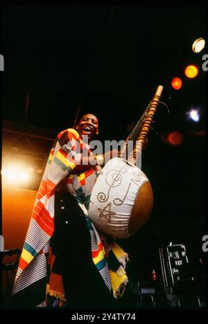 KORA INSTRUMENT, KONZERT, 1997: Afro Celt Sound System spielt ein riesiges Kora Instrument beim Cardiff Big Weekend Festival on Museum Rwns in Cardiff, Wales, UK am 10. August 1997. Foto: Rob Watkins. INFO: Afro Celt Sound System, eine Pioniergruppe, die in den 90er Jahren gegründet wurde, verschmolz traditionelle afrikanische und keltische Musik mit elektronischen Beats und globalen Einflüssen. Ihre aufregende Fusion, die in Tracks wie „Release“ und „When You're Falling“ präsentiert wird, schafft eine transzendente musikalische Reise, die Grenzen überwindet. Stockfoto