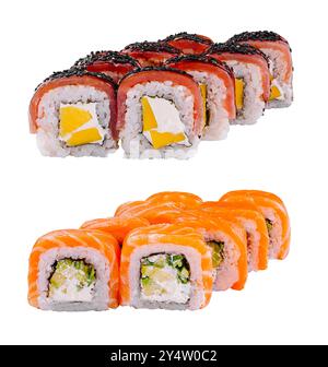 Zwei Sätze köstlicher Sushi-Brötchen mit Lachs, Thunfisch und Mango isoliert auf weißem Hintergrund Stockfoto