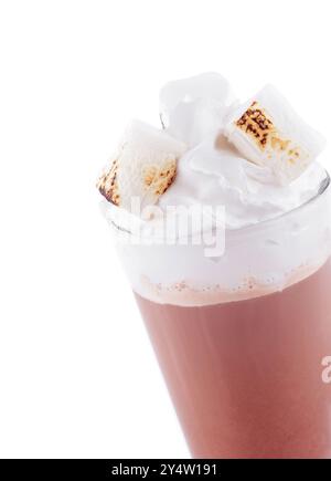 Köstliches Kakaogetränk wird mit Marshmallows und Schlagsahne in einem irischen Glas garniert Stockfoto