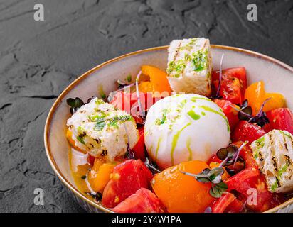 Frischer Salat mit Tomaten, Burrata und Croutons, gewürzt mit Öl und Gewürzen Stockfoto