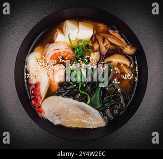 Aromatische und geschmackvolle Miso-Suppe mit einem Gemisch aus frischen Meeresfrüchten, Tofu und Pilzen, garniert mit grünen Zwiebeln und Sesamsamen Stockfoto