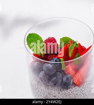 Köstlicher und gesunder Chia-Pudding mit frischen Himbeeren, Heidelbeeren, Erdbeeren und Minzblättern im Glas auf einem weißen Tisch Stockfoto