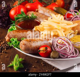 Gegrillte Würstchen werden mit Pommes frites, Tomaten, roten Zwiebeln, Gurken und Dip-Soßen serviert Stockfoto