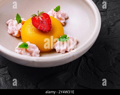 Mango Panna Cotta wird auf einem Teller serviert, dekoriert mit Erdbeeren, Minze und Creme Stockfoto