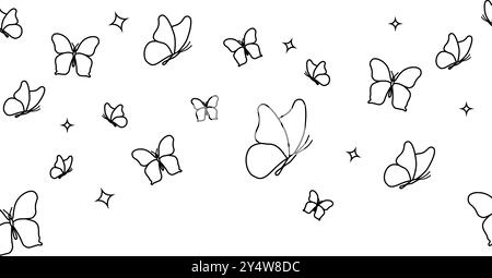 Blumenmuster auf weißem Hintergrund. Grenze mit fliegenden Schmetterlingen. Schwarze Silhouette. Dekoratives Element im minimalistischen Stil. Vektorillust Stock Vektor