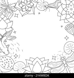 Der japanische Karpfen schwimmt zwischen Seerosen. Blick von oben. Linienzeichnung von Koi-Fischen. Rahmen in Form eines japanischen Teichs. Platz für Text auf der Verpackung, Stock Vektor