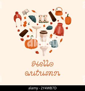 Vektor Herbstelemente mit der Inschrift Hello Herbstlich. Vektorschirme, Pilze, Kürbisse, Herbstkleidung, Zimt und mehr. Für Hintergründe Stock Vektor