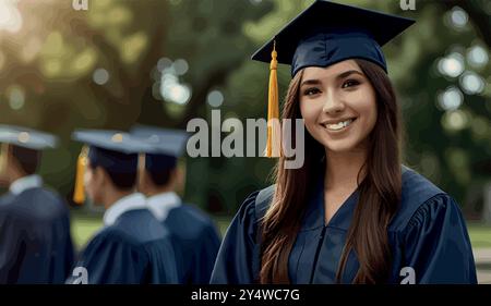 Eine stolze Hochschulabsolventin steht in ihrer Mütze und ihrem Kleid, hält ihr Diplom und lächelt, während sie nach vorne blickt. Sie markiert das Ende der harten Arbeit und einen Neuanfang. Stock Vektor