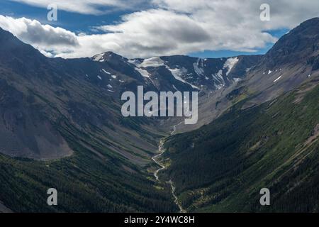 Subalpines Tal mit einem rückläufigen Gletscher in Kanada. Stockfoto