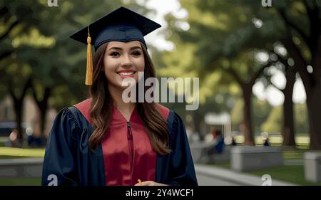 Eine stolze Hochschulabsolventin steht in ihrer Mütze und ihrem Kleid, hält ihr Diplom und lächelt, während sie nach vorne blickt. Sie markiert das Ende der harten Arbeit und einen Neuanfang. Stock Vektor