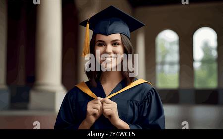 Eine stolze Hochschulabsolventin steht in ihrer Mütze und ihrem Kleid, hält ihr Diplom und lächelt, während sie nach vorne blickt. Sie markiert das Ende der harten Arbeit und einen Neuanfang. Stock Vektor