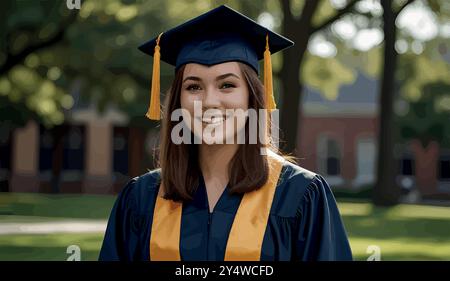 Eine stolze Hochschulabsolventin steht in ihrer Mütze und ihrem Kleid, hält ihr Diplom und lächelt, während sie nach vorne blickt. Sie markiert das Ende der harten Arbeit und einen Neuanfang. Stock Vektor