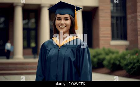 Eine stolze Hochschulabsolventin steht in ihrer Mütze und ihrem Kleid, hält ihr Diplom und lächelt, während sie nach vorne blickt. Sie markiert das Ende der harten Arbeit und einen Neuanfang. Stock Vektor