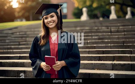 Eine stolze Hochschulabsolventin steht in ihrer Mütze und ihrem Kleid, hält ihr Diplom und lächelt, während sie nach vorne blickt. Sie markiert das Ende der harten Arbeit und einen Neuanfang. Stock Vektor