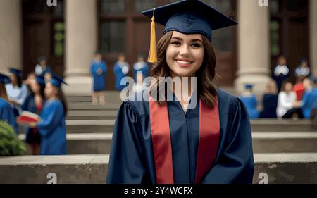 Eine stolze Hochschulabsolventin steht in ihrer Mütze und ihrem Kleid, hält ihr Diplom und lächelt, während sie nach vorne blickt. Sie markiert das Ende der harten Arbeit und einen Neuanfang. Stock Vektor