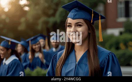 Eine stolze Hochschulabsolventin steht in ihrer Mütze und ihrem Kleid, hält ihr Diplom und lächelt, während sie nach vorne blickt. Sie markiert das Ende der harten Arbeit und einen Neuanfang. Stock Vektor