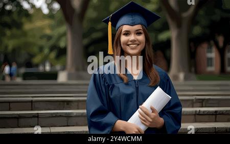Eine stolze Hochschulabsolventin steht in ihrer Mütze und ihrem Kleid, hält ihr Diplom und lächelt, während sie nach vorne blickt. Sie markiert das Ende der harten Arbeit und einen Neuanfang. Stock Vektor