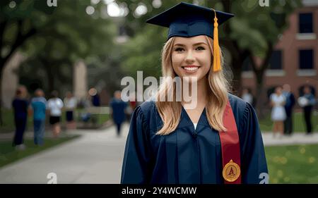 Eine stolze Hochschulabsolventin steht in ihrer Mütze und ihrem Kleid, hält ihr Diplom und lächelt, während sie nach vorne blickt. Sie markiert das Ende der harten Arbeit und einen Neuanfang. Stock Vektor