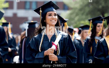 Eine stolze Hochschulabsolventin steht in ihrer Mütze und ihrem Kleid, hält ihr Diplom und lächelt, während sie nach vorne blickt. Sie markiert das Ende der harten Arbeit und einen Neuanfang. Stock Vektor