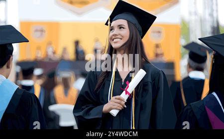 Eine stolze Hochschulabsolventin steht in ihrer Mütze und ihrem Kleid, hält ihr Diplom und lächelt, während sie nach vorne blickt. Sie markiert das Ende der harten Arbeit und einen Neuanfang. Stock Vektor